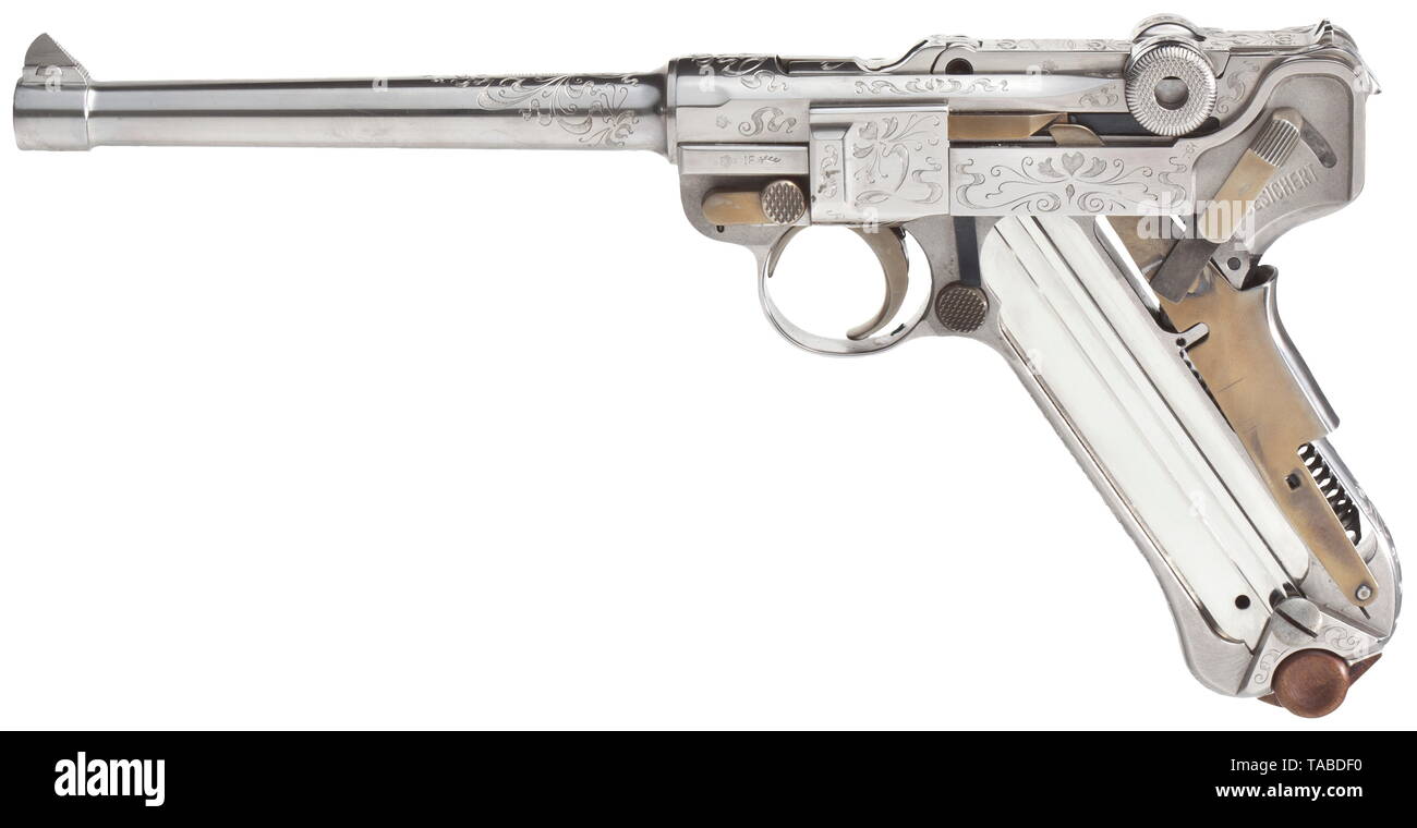 Un Mauser parabellum IWA '86, incassato calibro 9 mm Luger, no. 11.015461. Camera luminosa, lunghezza 150 mm. Prova di tedesco testate 1985. Impugnatura di sicurezza. La pistola è completamente nichelato, con il liberty incisione. Le parti operative strawed. Due placcato nichel riviste con basi in legno. Chiave. Asta di pulizia. Le istruzioni di funzionamento e bersaglio. In una custodia di pelle. Non afferrare le piastre. L'arma è in condizioni come nuove. Erwerbsscheinpflichtig. storico, storico, civile pistola, civile pistole, palmare, Gun, pistole, armi da fuoco, braccio di fuoco, armi da fuoco, armi da fuoco, noi Additional-Rights-Clearance-Info-Not-Available Foto Stock