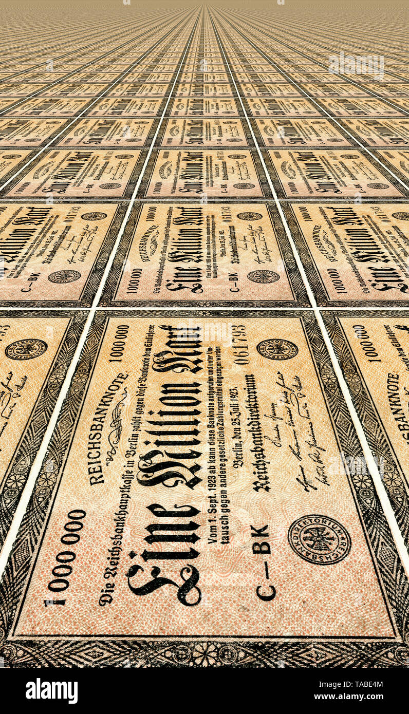Parte anteriore di una banconota Reichsbank, motivo Vorderseite einer banconota perspektivische Wiederholung, Reichsbanknote, 1 Milione, 1923, Inflationsgeld, Deutschland, Europa Foto Stock