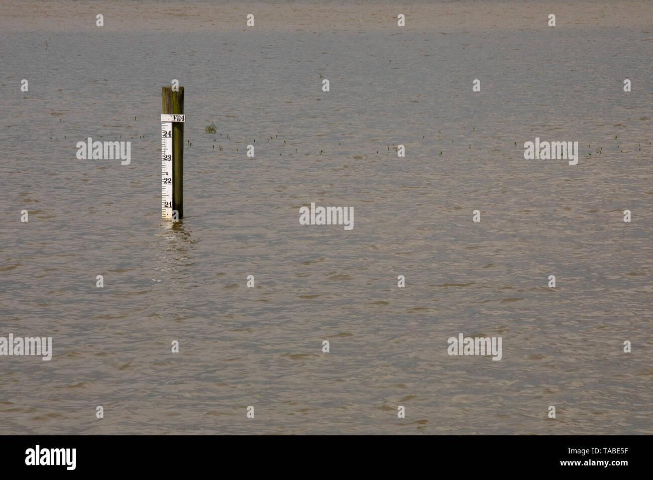 Norco, Louisiana - un indicatore livello acqua nel fiume Mississippi presso il cofano Carrà© stramazzo. Gli Stati Uniti Esercito di Engtineers ha aperto il spillw Foto Stock