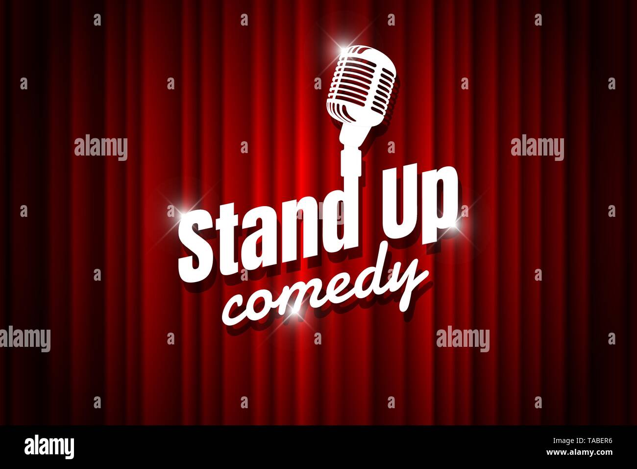 Stand up comedy night live show open mic sul teatro vuoto stadio. Microfono Vintage contro la tenda rossa sullo sfondo. Vettore retrò arte illustrazione immagine Illustrazione Vettoriale