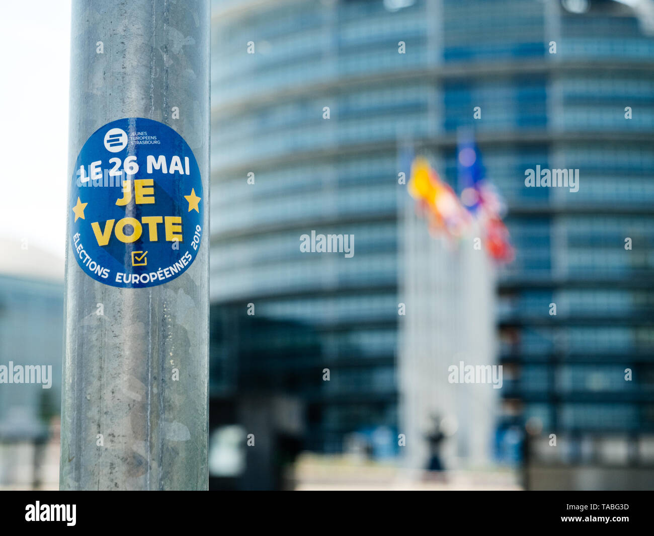 Strasburgo, Francia - 23 Maggio 2019: io voto adesivo sulla strada segno pole con tutti gli Stati membri dell' Unione europea bandiere sventolano di fronte al palazzo del 2019 sulle elezioni per il Parlamento europeo Foto Stock