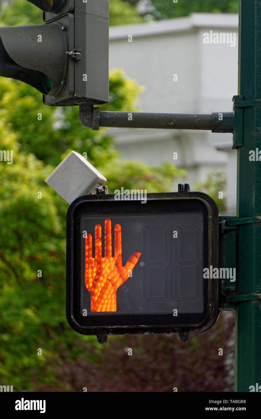 LED illuminato in rosso a mano il segnale di arresto in un crosswalk pedonale Foto Stock