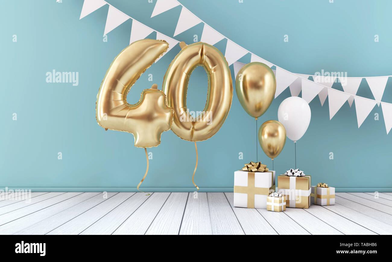 Felice Festa di compleanno celebrazione palloncino, bunting e confezione regalo. 3D Render Foto Stock