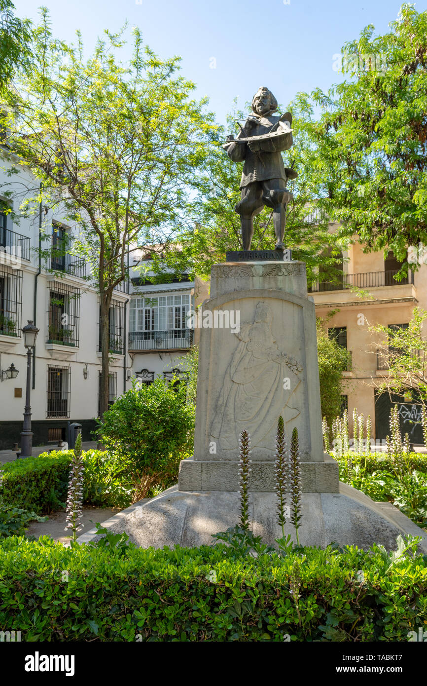 Statua del pittore spagnolo Zurbaran, Plaza de Pilatos, Siviglia, regione Andalusia, Spagna Foto Stock