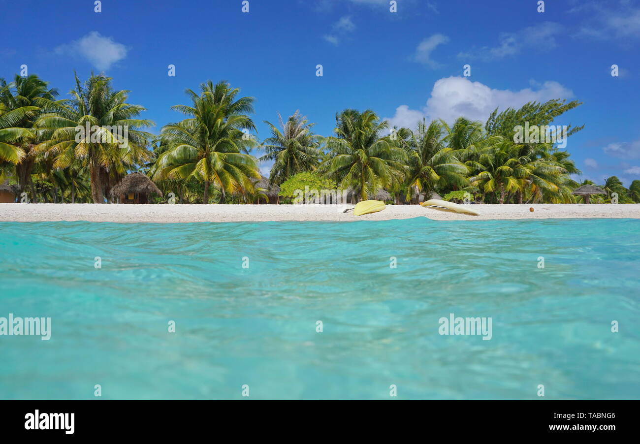 Mare tropicale shore con Canoe sulla spiaggia e palme da cocco con capanne, visto dalla superficie di acqua, atollo di Tikehau, Tuamotu, Polinesia francese, Pacific Foto Stock