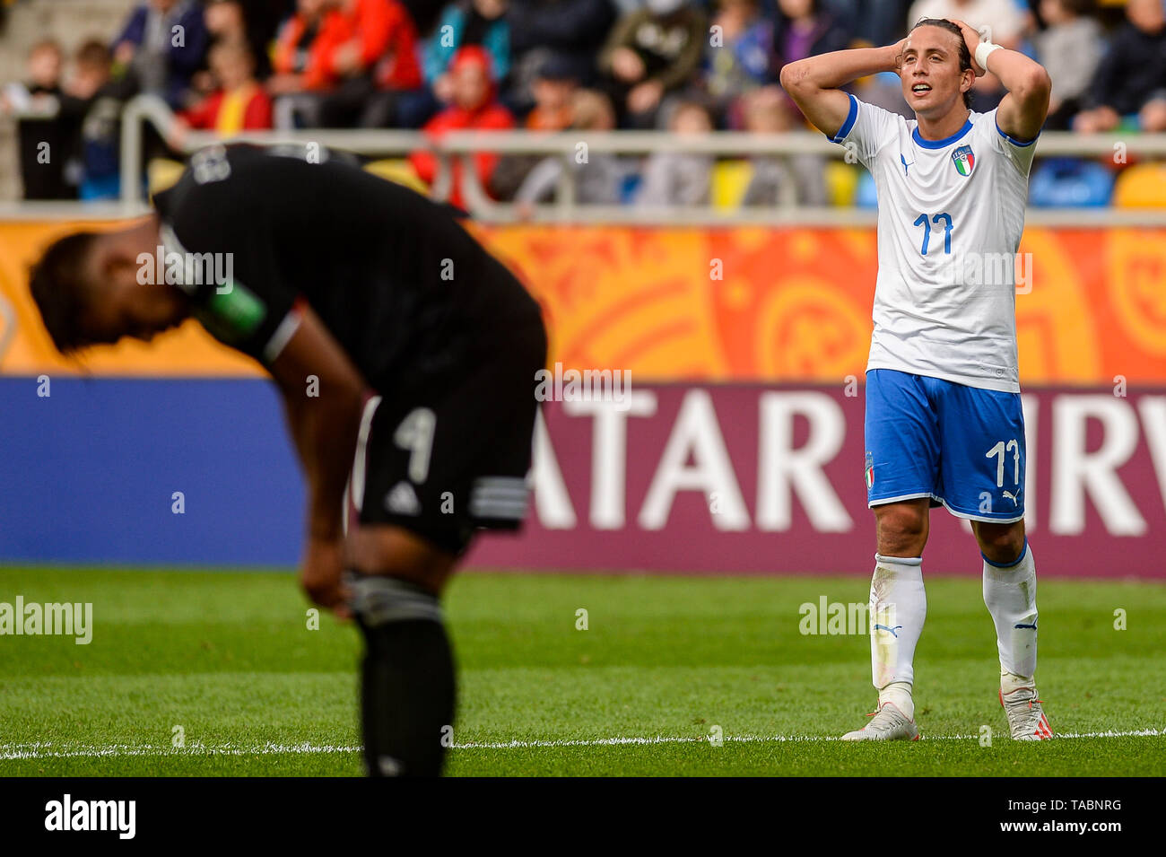 Luca pellegrini provenienti dall'Italia visto reagire durante la FIFA U-20 World Cup match tra il Messico e l'Italia (GRUPPO B) a Gdynia. ( Il punteggio finale; Messico 1:2 Italia ) Foto Stock