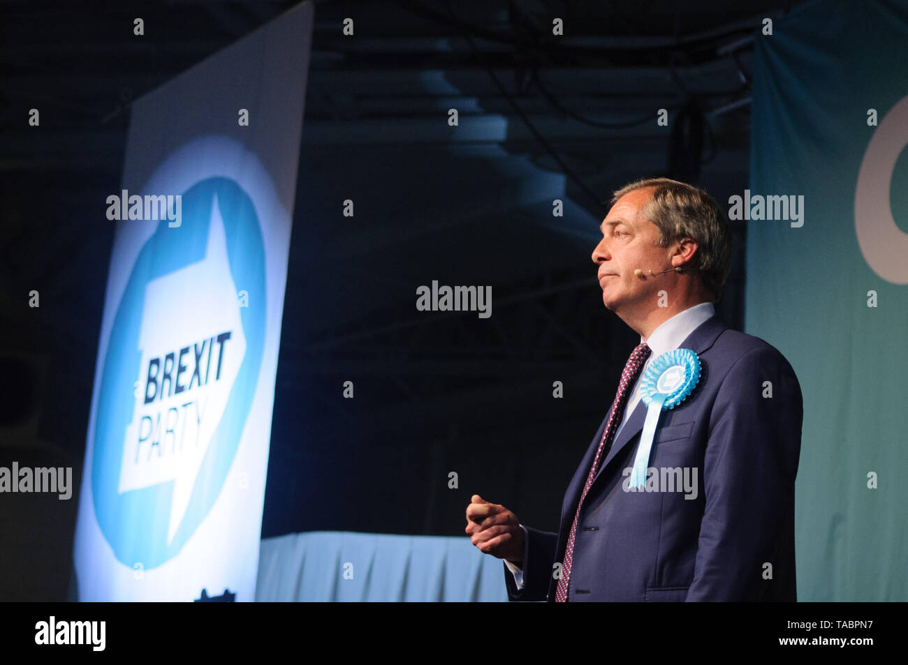 Nigel Farage rivolgendosi al partito Brexit rally a Londra Olympia su 21 Maggio 2019 prima dell'elezione europea votazione del 23 maggio Foto Stock