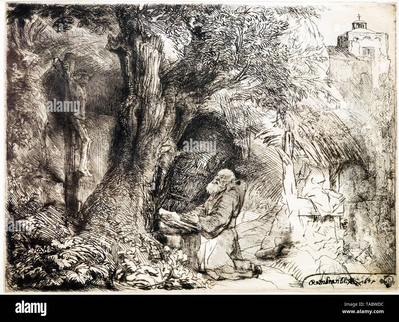 Rembrandt van Rijn (1606 -1669) San Francesco pregando beneatth un albero, 1657 puntasecca e attacco Foto Stock