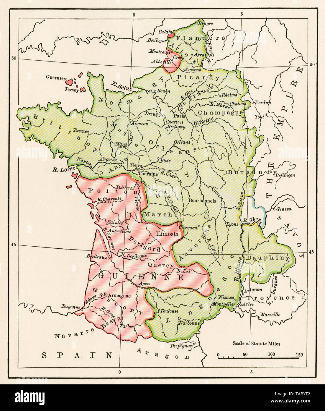 Mappa della Francia al Trattato di Bretigny durante i cento anni di guerra, 1360. Litografia a colori Foto Stock