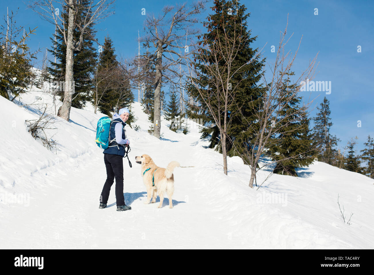 Germania Foresta Bavarese, Lusen, Donna sorridente con il cane escursioni in inverno Foto Stock