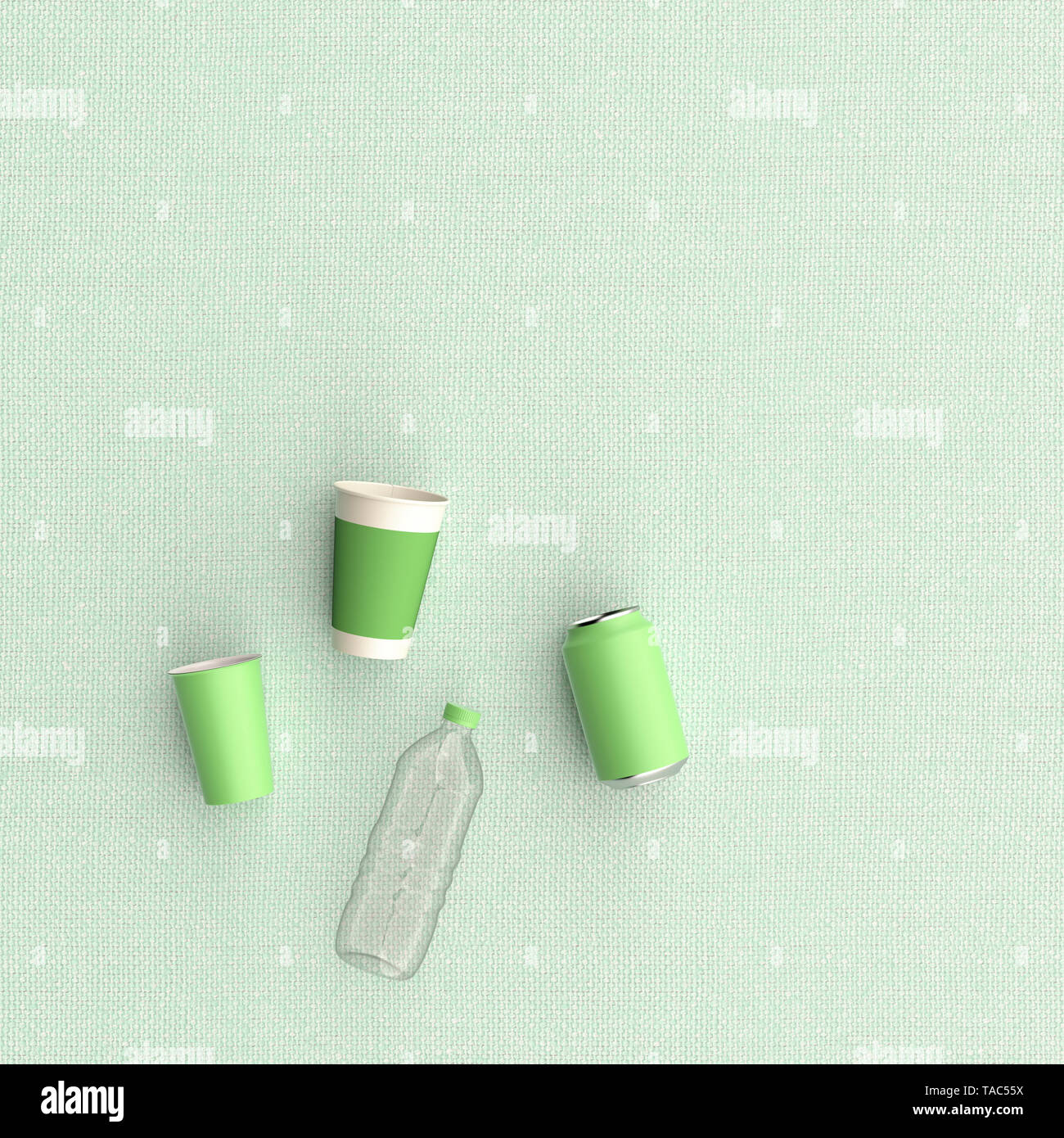 Il rendering 3D, i bicchieri di plastica, può e bottiglia su sfondo verde Foto Stock