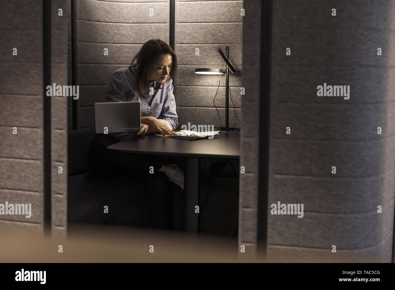 Imprenditrice a lavorare con il computer portatile e il documento nella nicchia di office Foto Stock