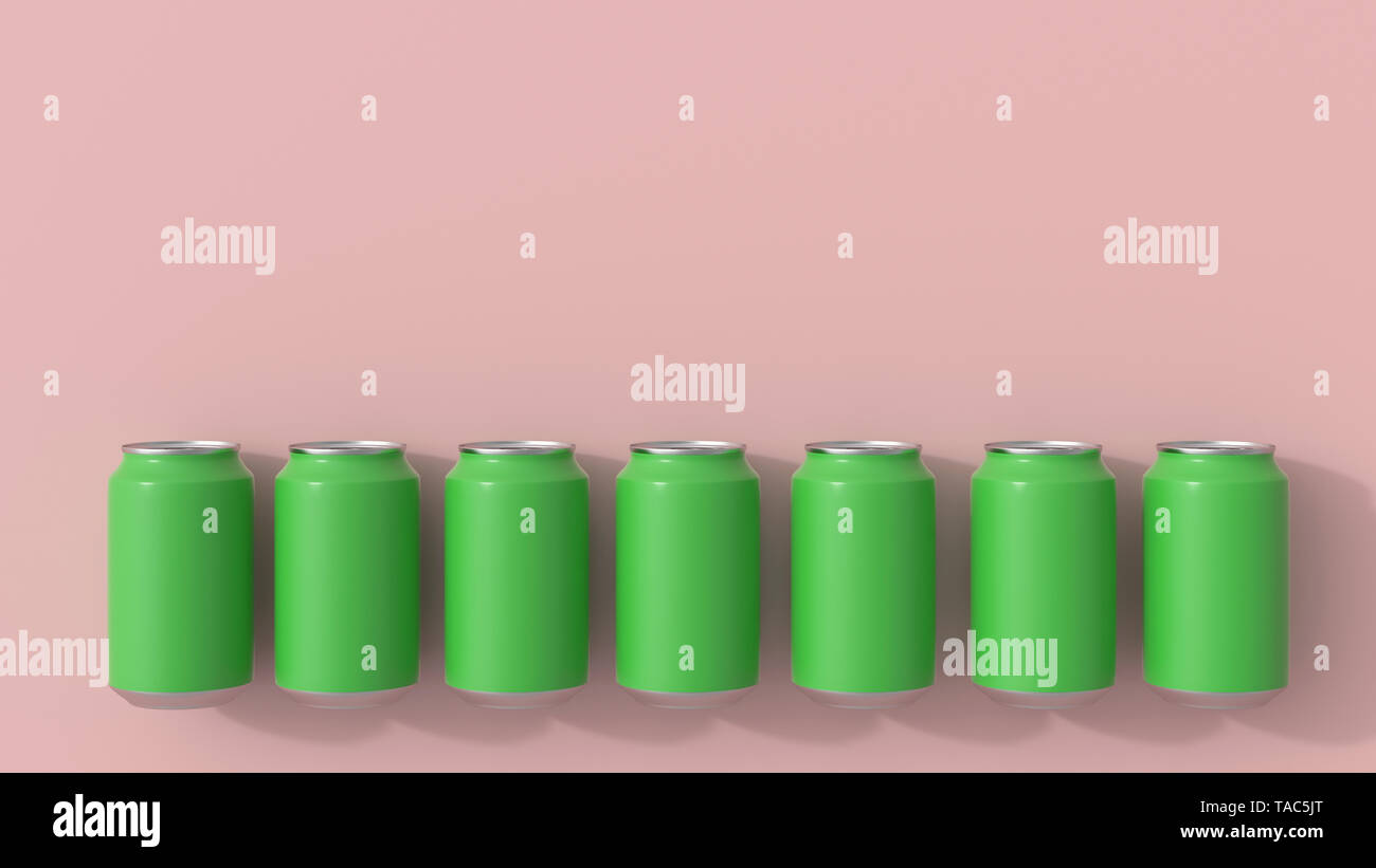 3D rendering, verde lattine per bevande su sfondo rosa Foto Stock