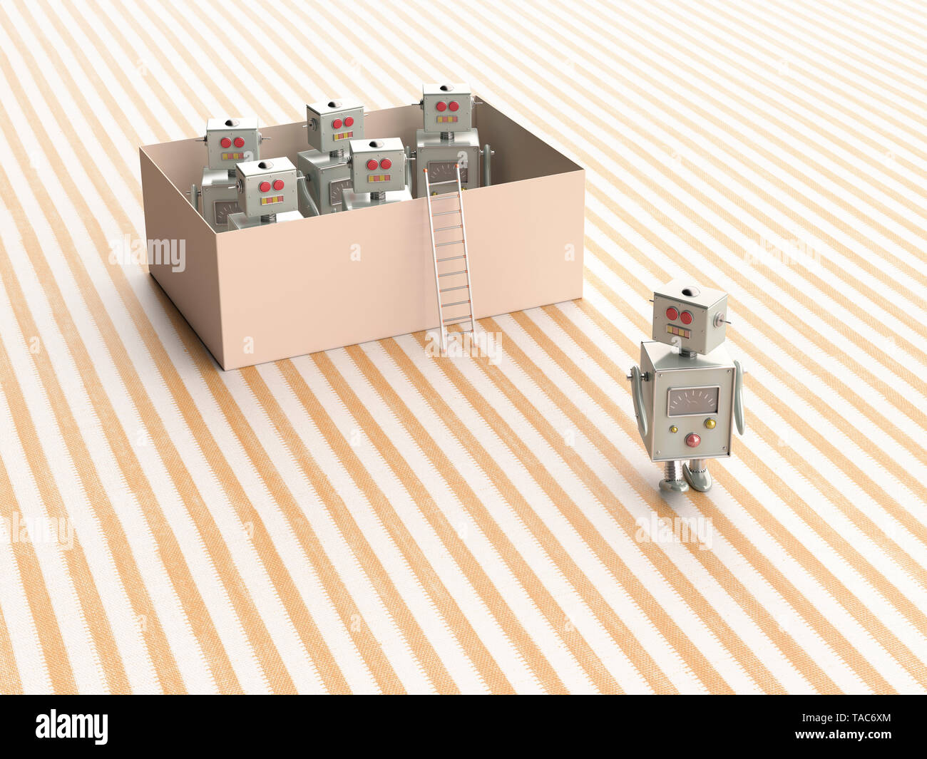 3D rendering, robot giocattolo in fuga da una scatola Foto Stock