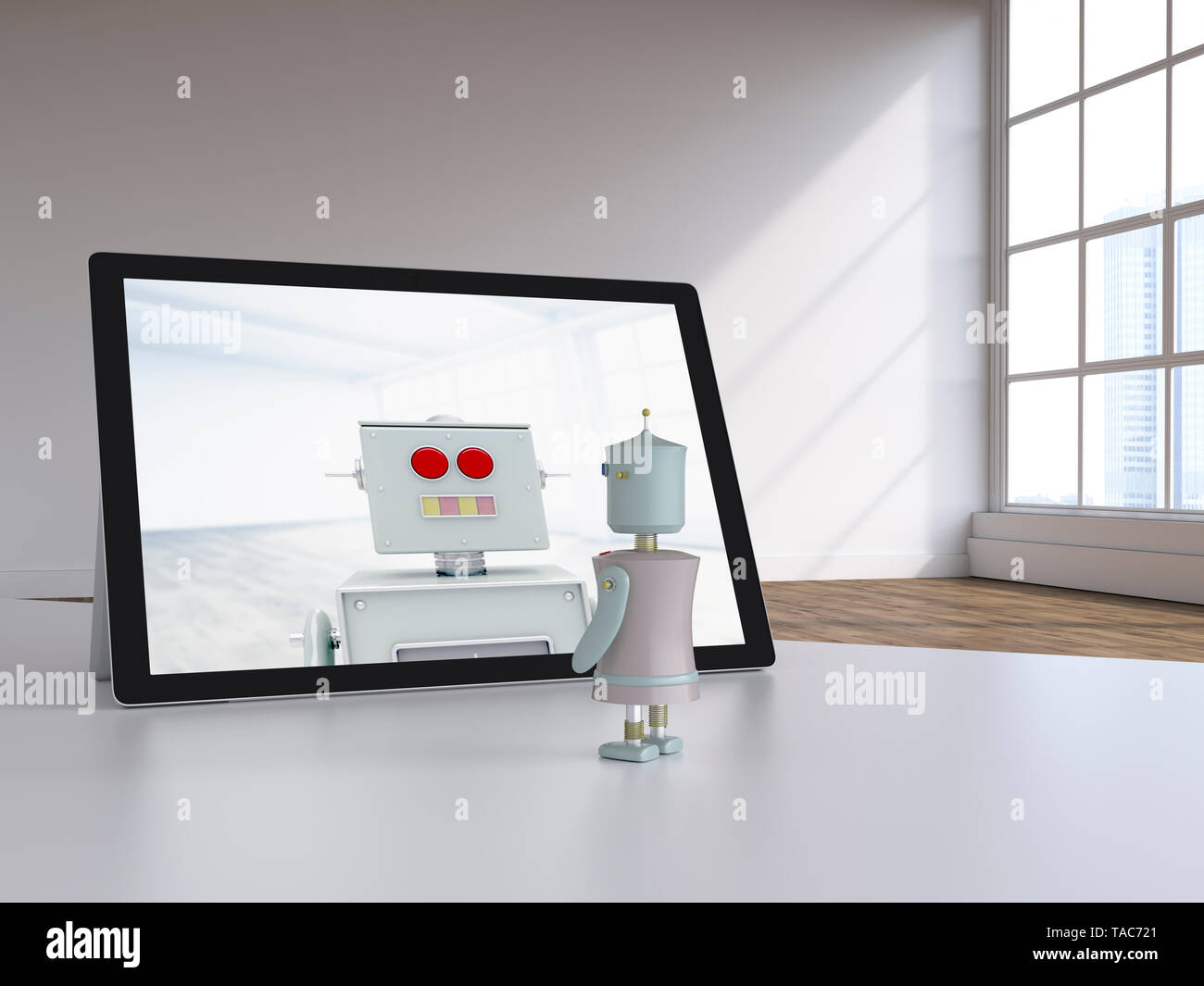 3D rendering, coppia di robot avente una chat video in moderni loft Foto Stock