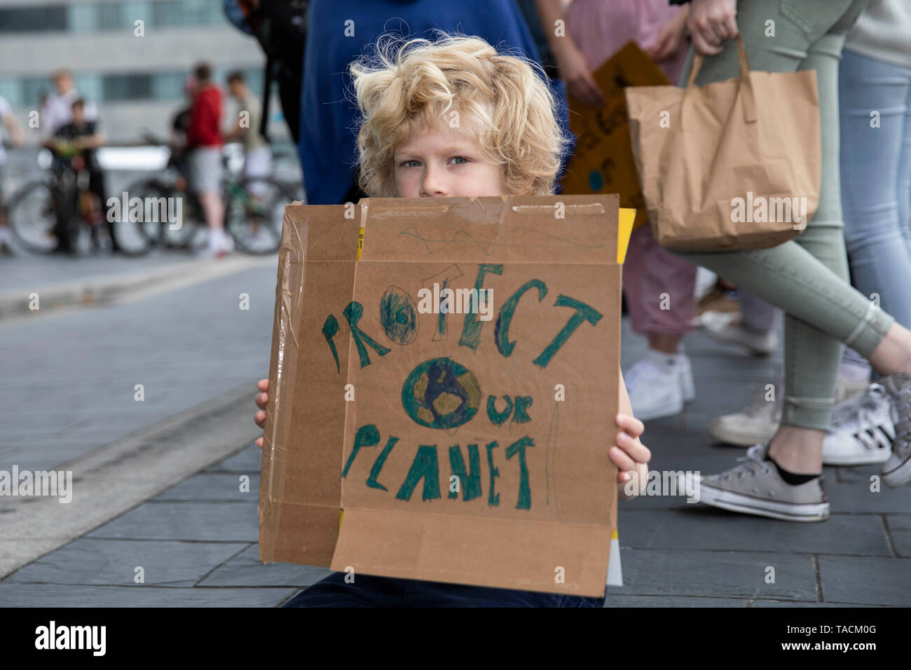 Cardiff Wales, Regno Unito, 24 maggio 2019. Cardiff sciopero della gioventù di azione per il clima al di fuori della National Assembly for Wales Senedd edificio, parte dell'ultima scuola globale colpisce il clima che si prevede essere il più grande ancora. Credito: Mark Hawkins/Alamy Live News Foto Stock