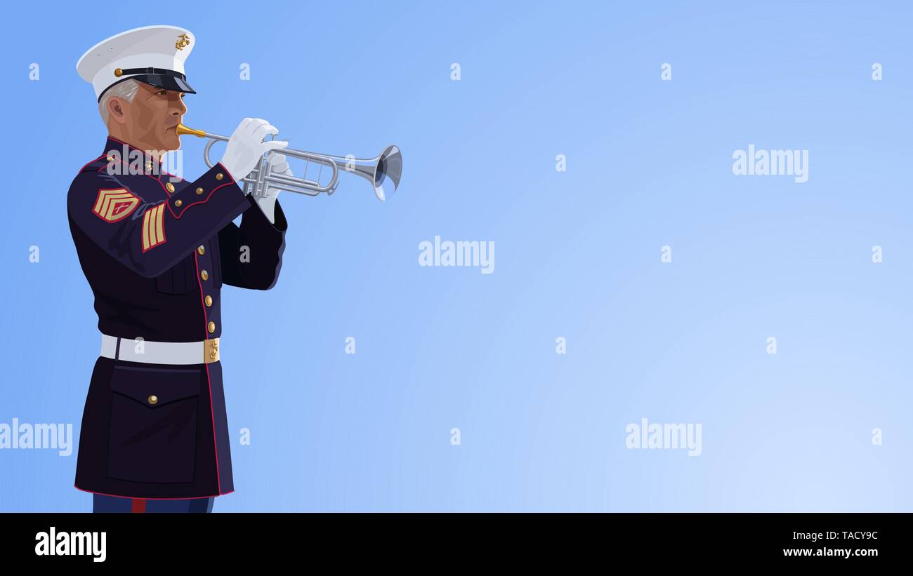 Trumpeter of American Marine Corps è in piedi contro il cielo. USMC musicista suona la tromba. Sergente personale vestito in uniforme blu. Il Memorial Day Illustrazione Vettoriale