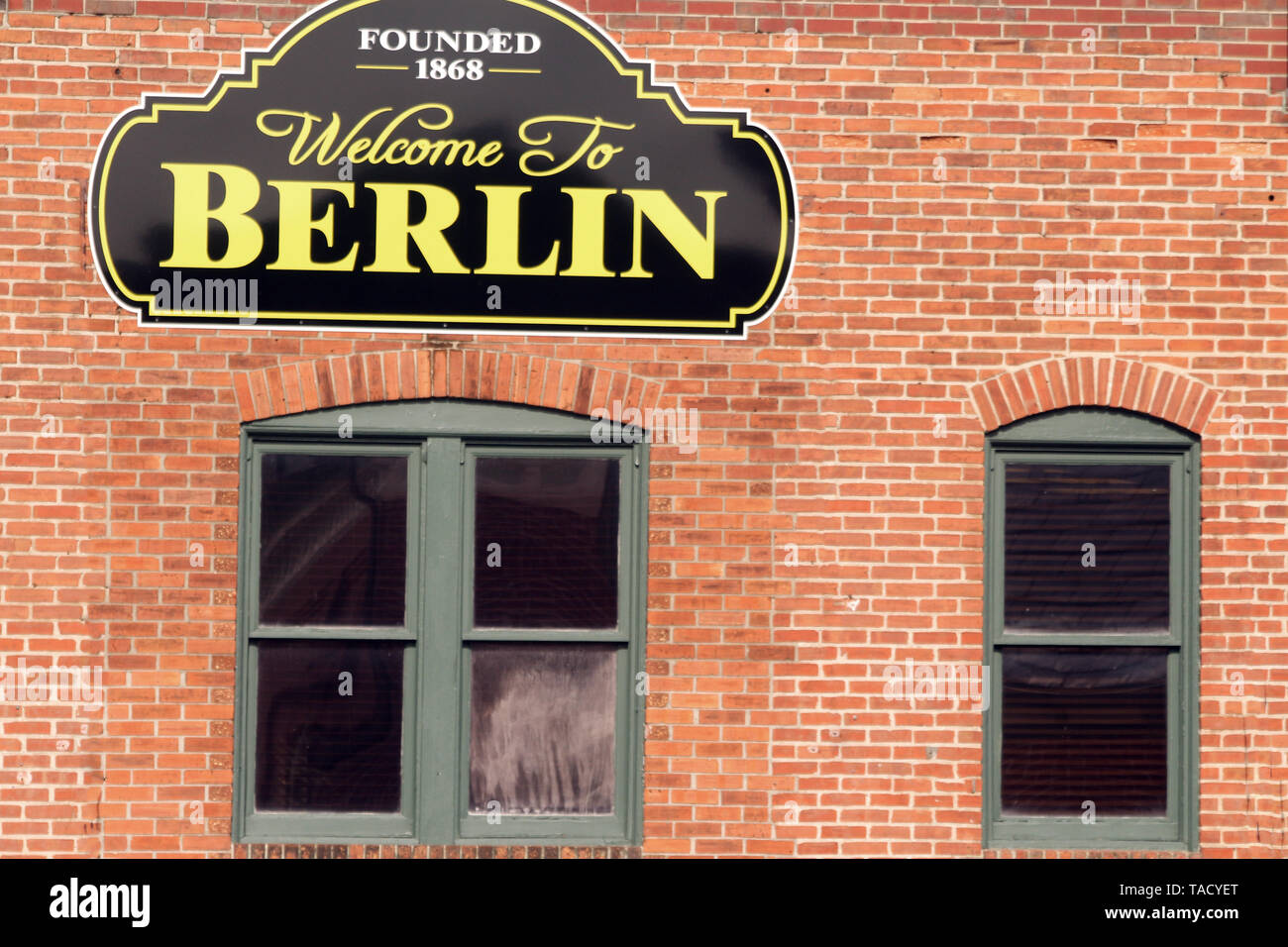 Benvenuti al segno di Berlino nel centro di Berlino, MD, Stati Uniti d'America Foto Stock