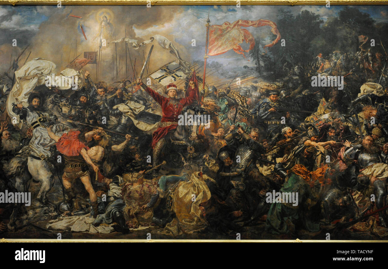 Polish-Lithuanian-teutonico di guerra (1409-1411). Conflitto tra il regno di Polonia e Granducato di Lituania contro i Cavalieri Teutonici. Dipinto raffigurante la battaglia di Grunwald (Tannenberg) (15 luglio 1410), 1878, di Jan Matejko (1838-1893). Museo Nazionale. Varsavia. La Polonia. Foto Stock