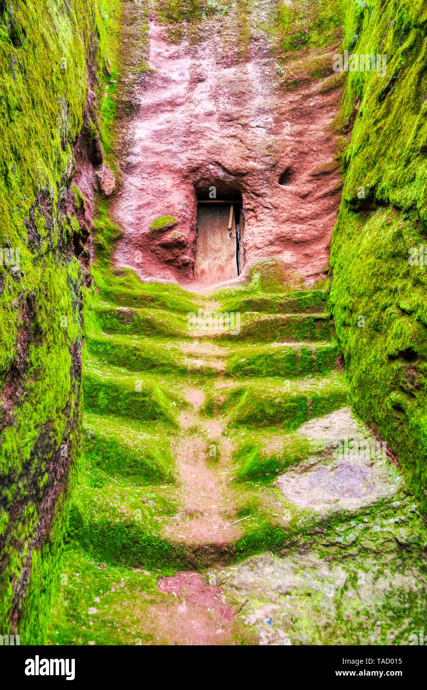 Esterno stretti labirinti di Lalibela in Etiopia scavate nella roccia e coperte da un verde muschio Foto Stock
