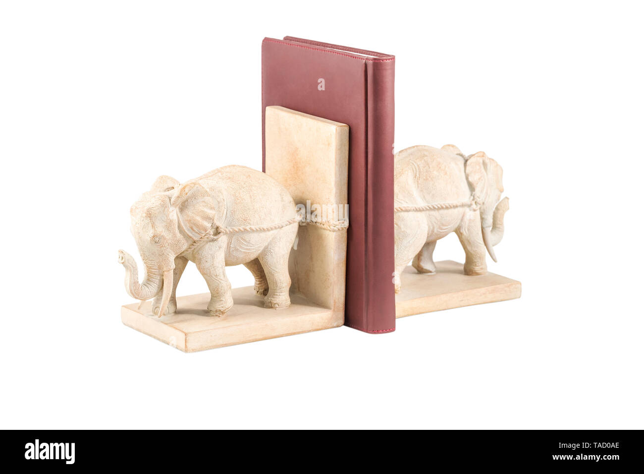 Due statuette di argilla elefanti supportano un libro da due lati, isolato su sfondo bianco Foto Stock