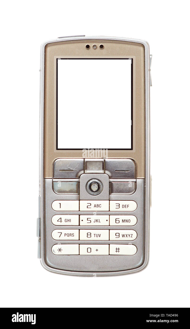 Vecchio telefono cellulare isolato su sfondo bianco Foto Stock