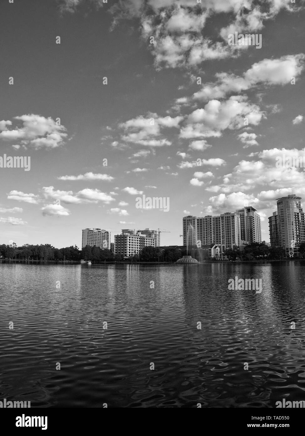 Una visualizzazione bianco e nero del centro di Orlando, FL dal lago nel parco. Foto Stock