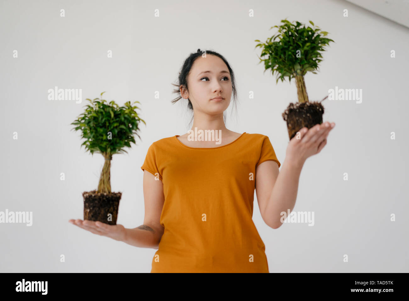 Giovane donna con due alberi di bonsai Foto Stock