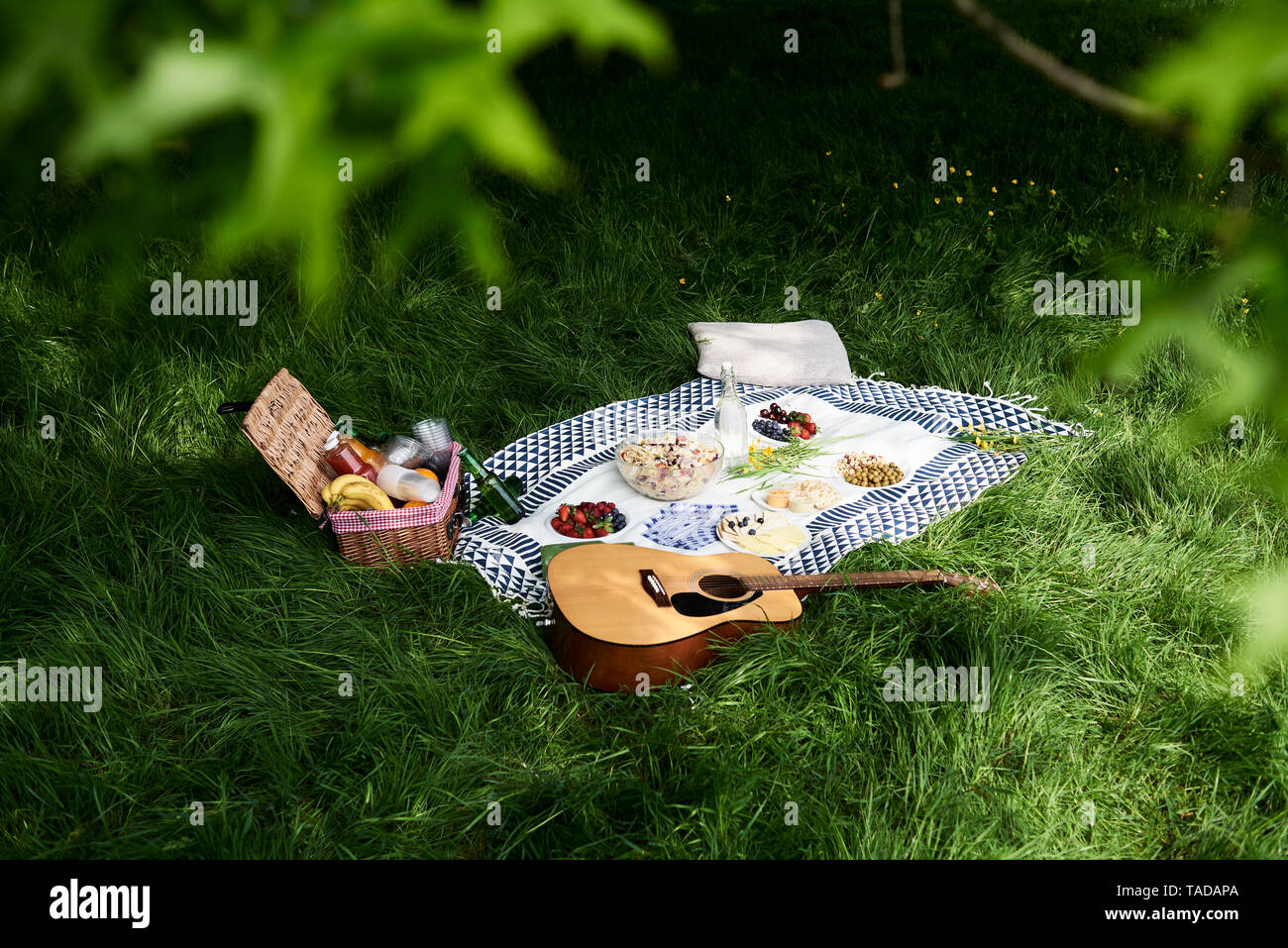 Picnic sani spuntini e una chitarra su una coperta in un parco Foto Stock
