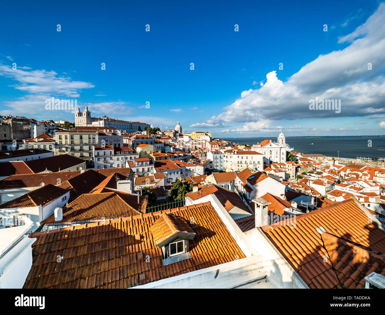 Il Portogallo, Lisbona, Alfama, vista dal Miradouro de Santa Luzia oltre il Distretto di Sao Vicente de Fora monastero, il fiume Tago Foto Stock