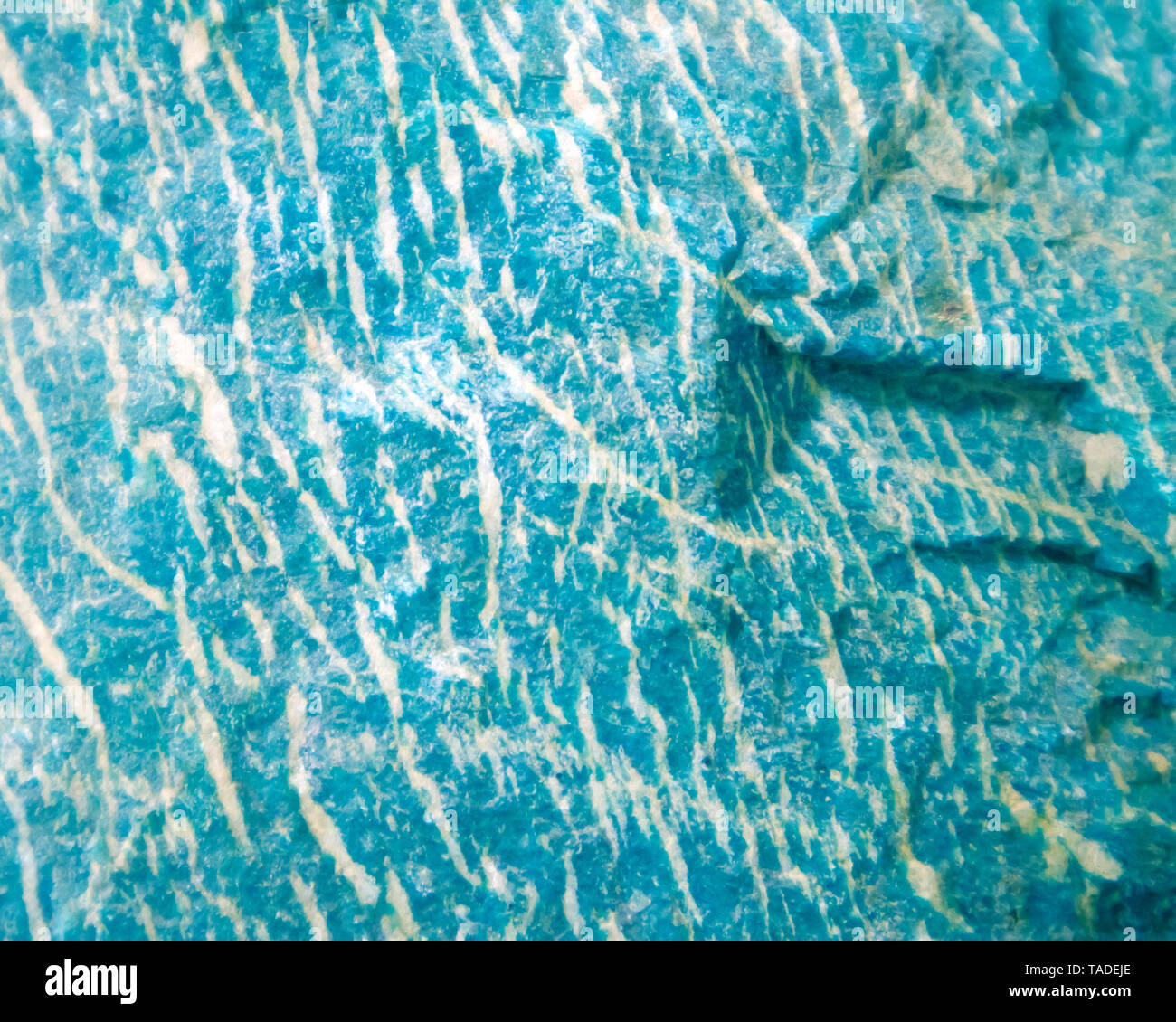 Tessitura della pietra, la sezione trasversale delle scaglie azure pietra naturale amazonite con strisce bianche Foto Stock