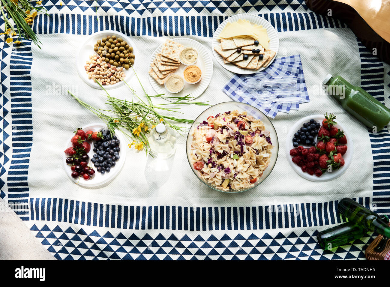 Vista superiore di sani spuntini picnic su una coperta Foto Stock