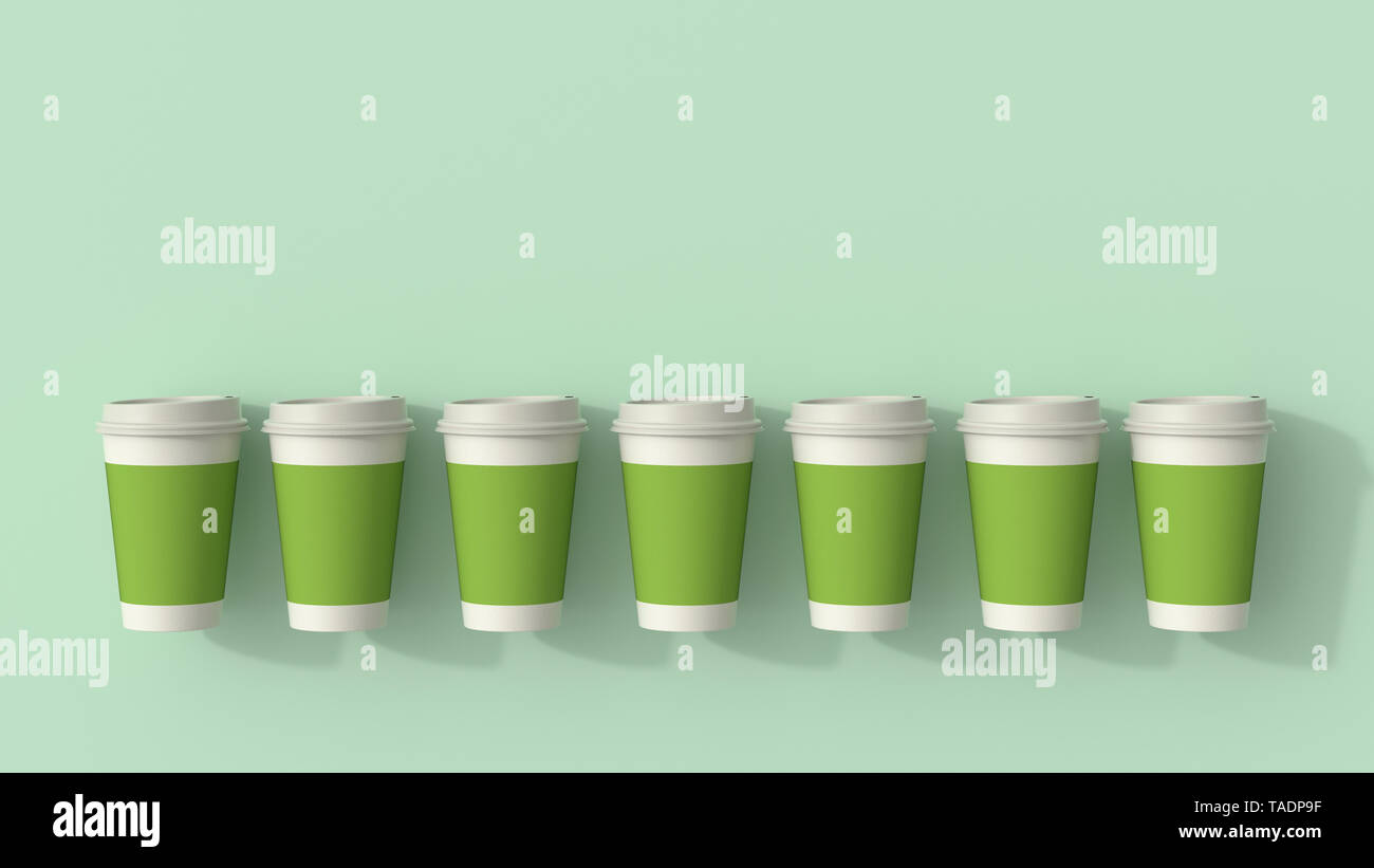 3D rendering, Fila di verde monouso Tazze di caffè Foto Stock