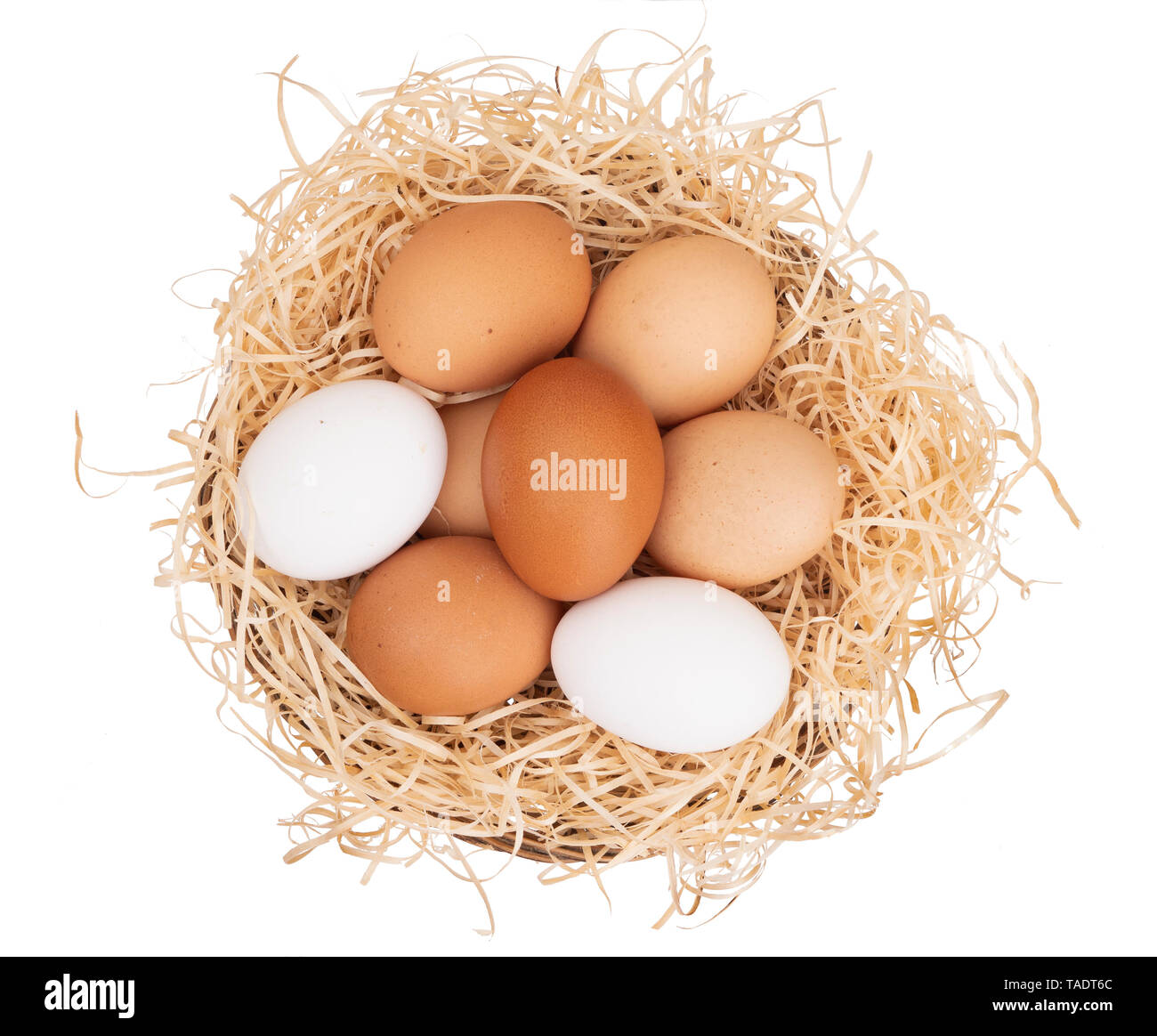 Un assortimento di pollo, uova di galline in un cesto isolato su bianco. Colori: marrone e bianco screziato. Foto Stock