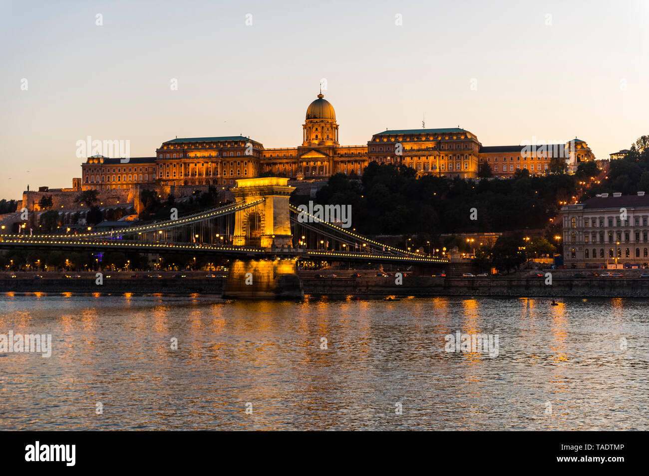 Ungheria, Budapest, Castello di Buda e Ponte delle catene al crepuscolo Foto Stock