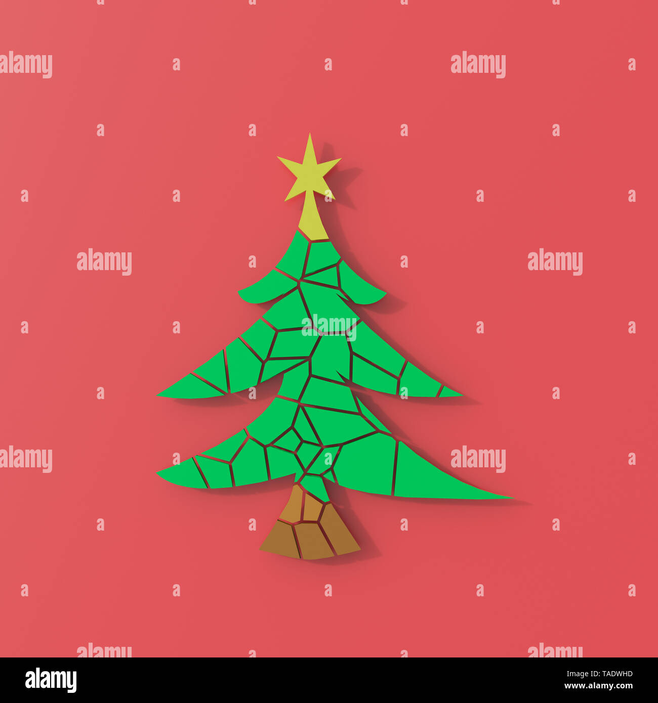 3D rendering, albero di Natale puzzle su sfondo rosso Foto Stock