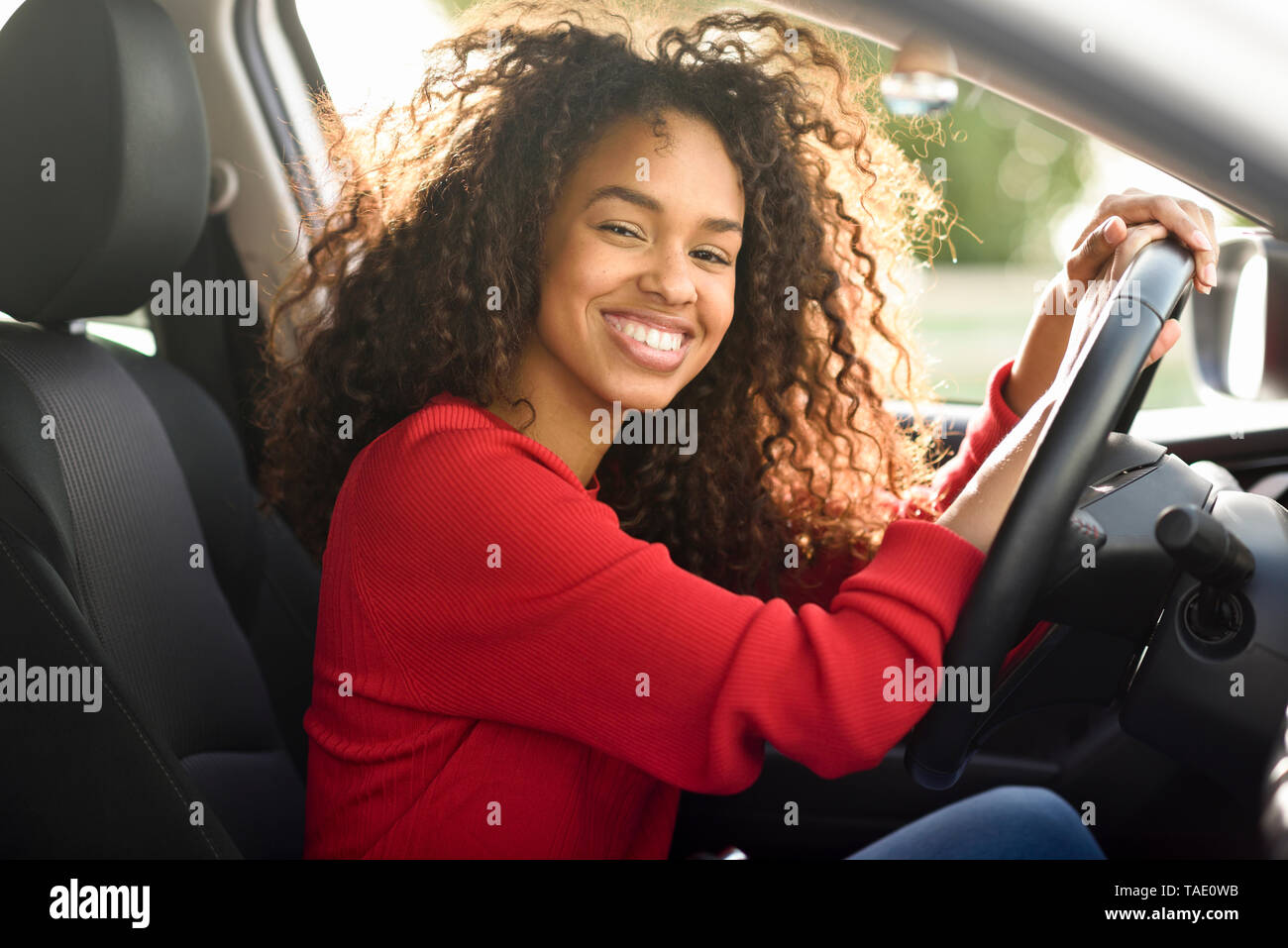 Ritratto di felice giovane donna in auto Foto Stock