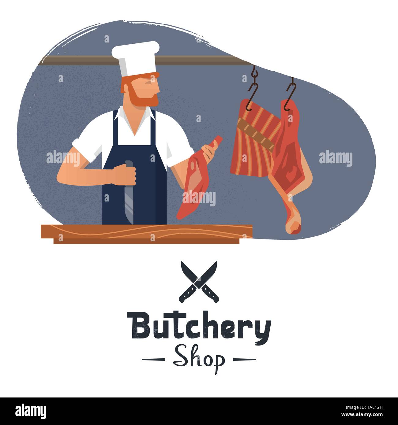 Illustrazione Vettoriale logo per una macelleria con un barbuto macellai al lavoro. Illustrazione Vettoriale