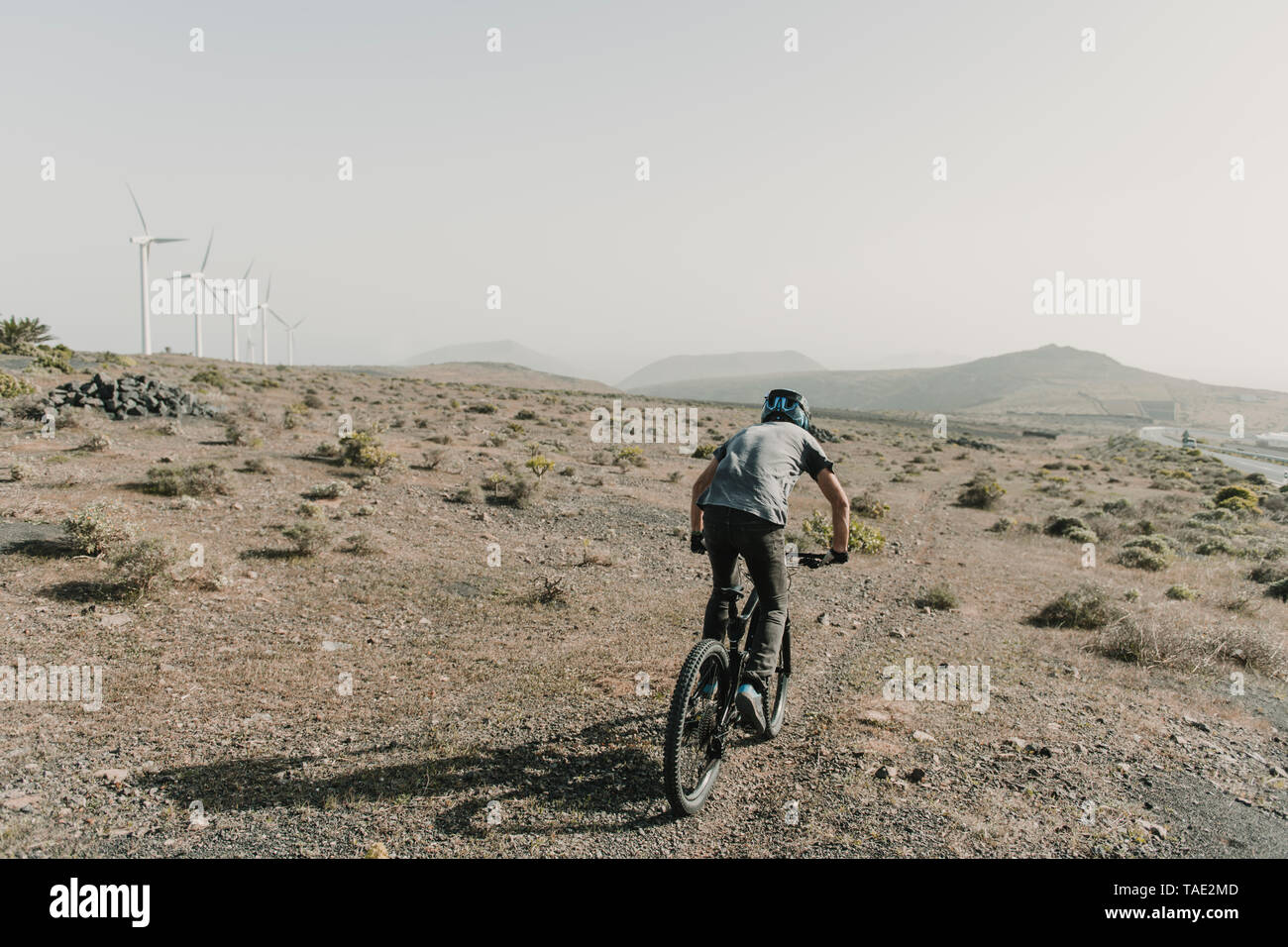 Spagna, Lanzarote, mountainbiker su un viaggio nel paesaggio desertico Foto Stock