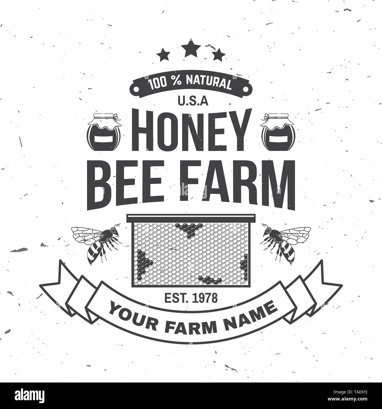 Honey Farm badge. Illustrazione Vettoriale. Concetto di t-shirt, stampare il timbro o il raccordo a t. Vintage design tipografia con bee, honeycomb pezzo silhouette. Design retrò per honey bee farm business Illustrazione Vettoriale