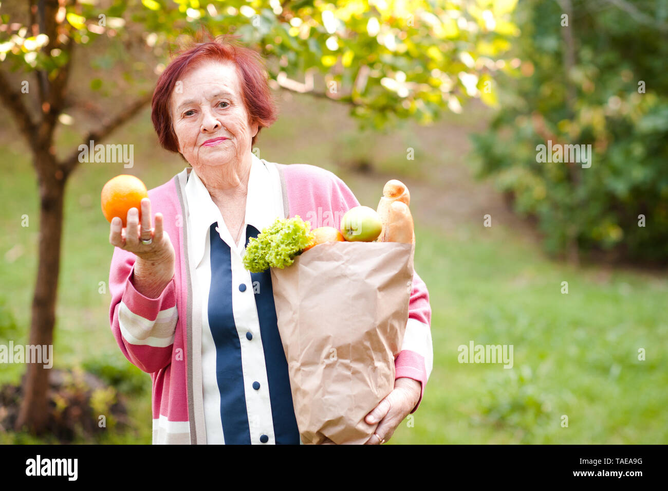 Sorridente donna senior 70-80 anno vecchia azienda sacchetto di carta con il cibo all'esterno. Guardando alla fotocamera. Foto Stock