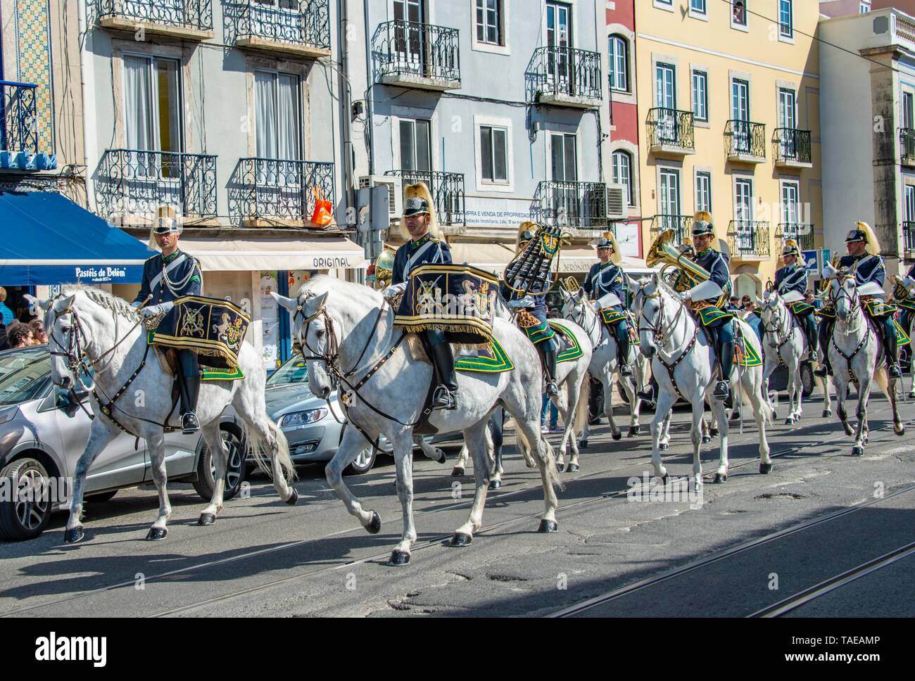 Sfilata della Guardia nazionale, Guarda Nacional Republicana, pilota su cavalli bianchi, Lisbona, distretto di Lisbona, Portogallo Foto Stock