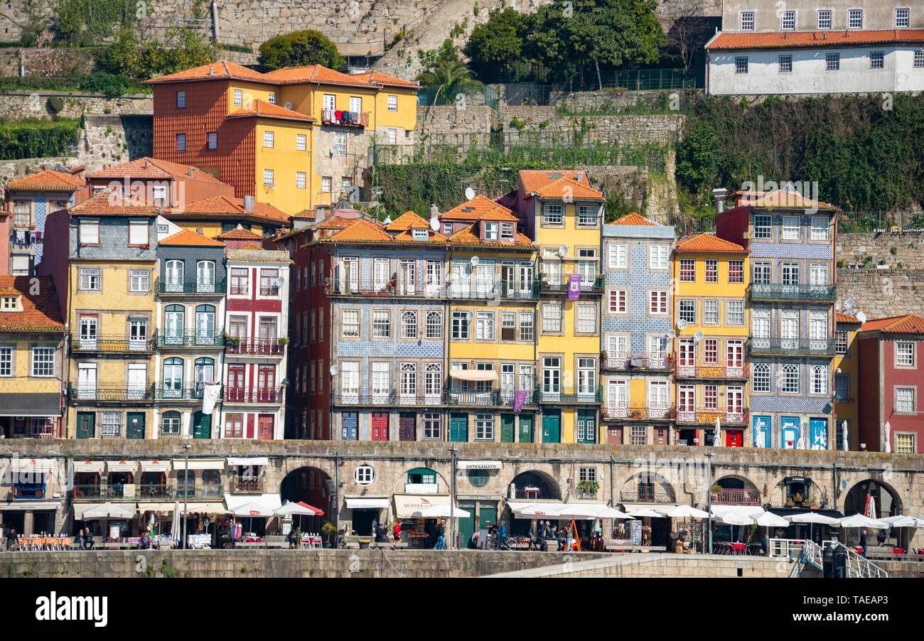 Case colorate nel quartiere Ribeira, Cais da Ribeira, promenade al Rio Douro, Porto, Portogallo Foto Stock