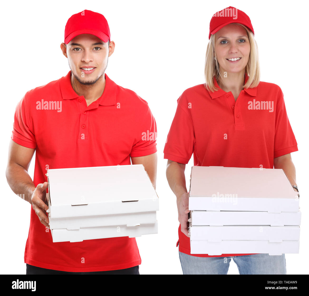 Consegna Pizza donna uomo per offrire lavoro giovani isolati su sfondo bianco Foto Stock