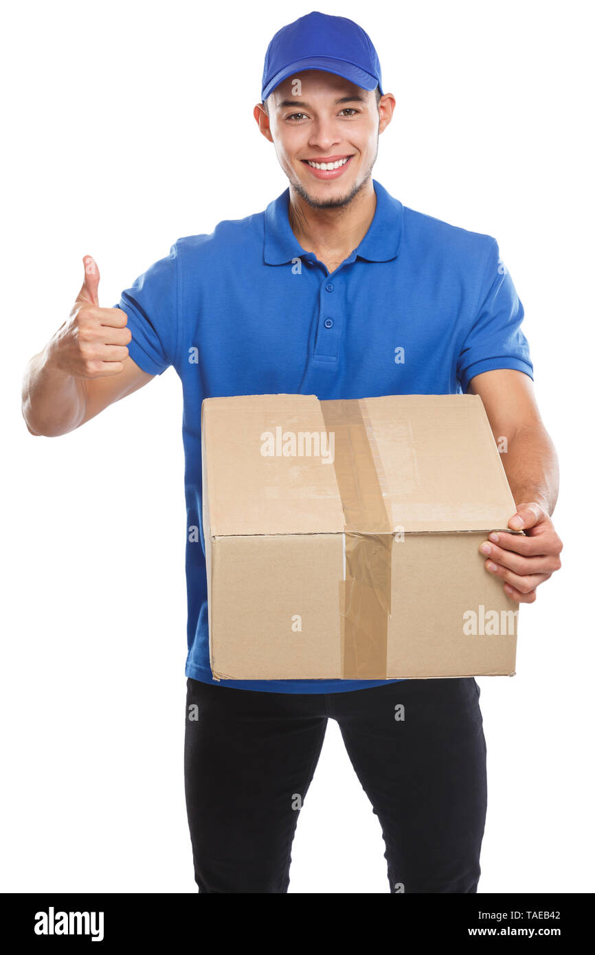La consegna di pacchi casella Servizio di ordine del pacchetto garantendo il successo del lavoro isolato su uno sfondo bianco Foto Stock
