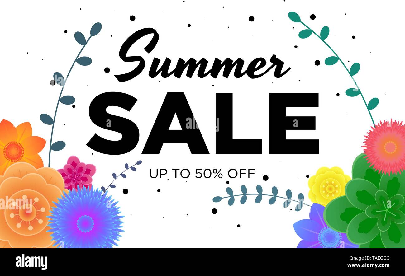 Estate offerta di vendita promozione banner con splendidi fiori ed erba su sfondo bianco. Poster per promozioni, riviste, pubblicità, siti web Illustrazione Vettoriale
