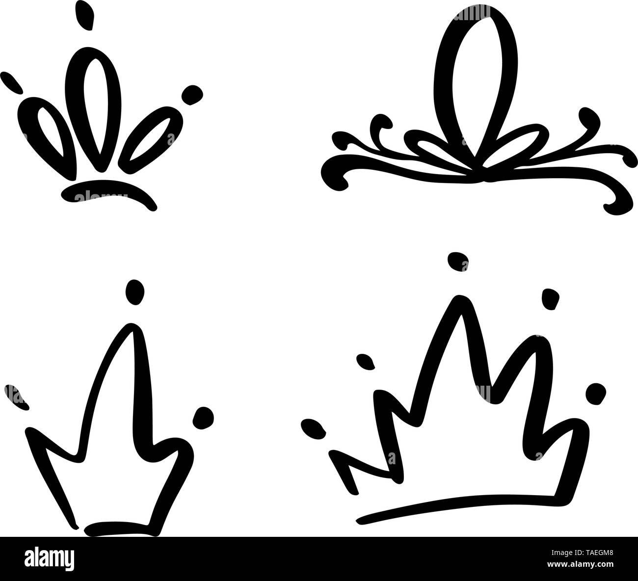 Set di simboli disegnati a mano di una corona stilizzata. Disegnato con un inchiostro nero e pennello. Illustrazione vettoriale isolata in bianco. Design del logo. Spazzola per grunge Illustrazione Vettoriale