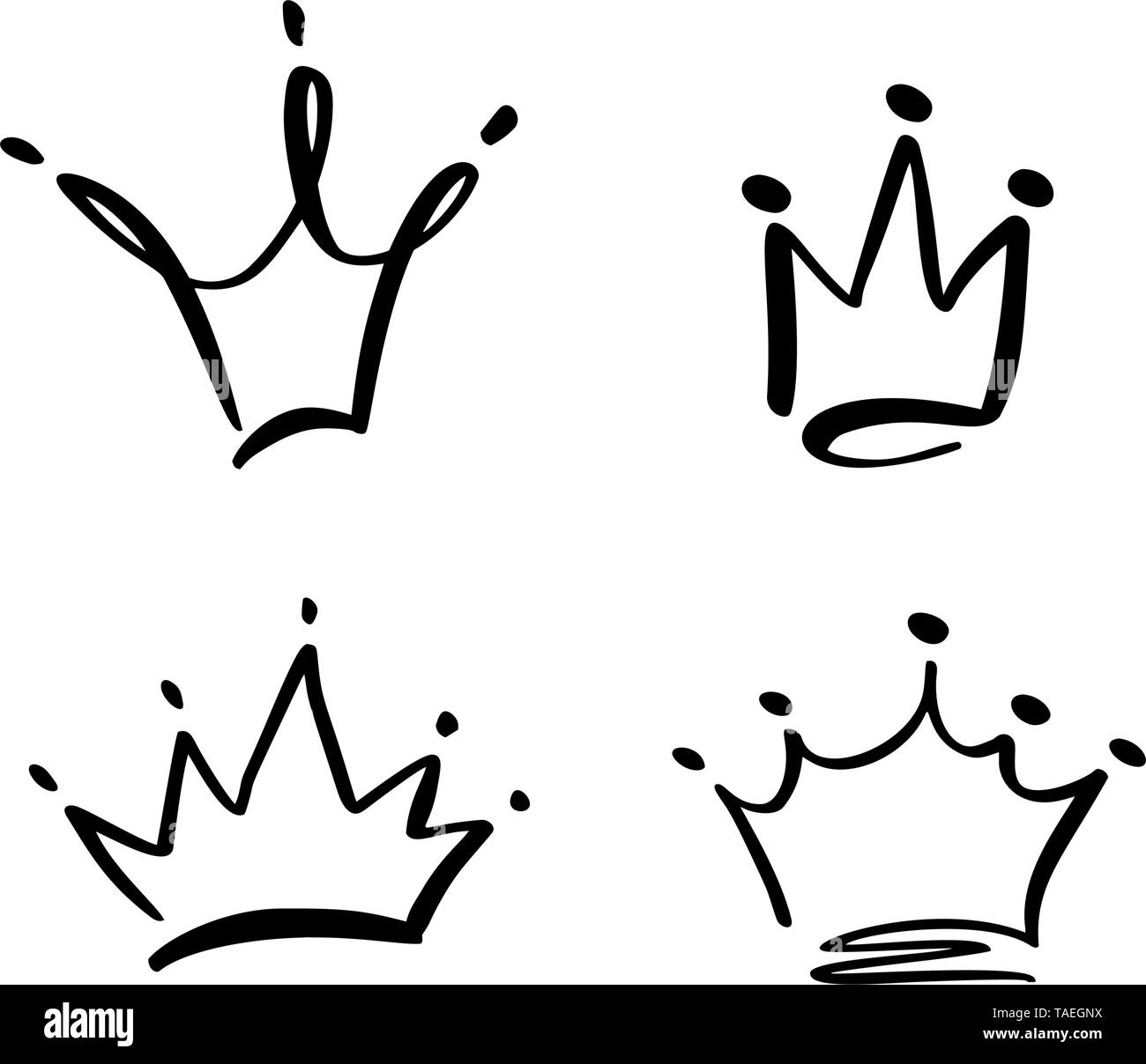 Set di simboli disegnati a mano di una corona stilizzata. Disegnato con un inchiostro nero e pennello. Illustrazione vettoriale isolata in bianco. Design del logo. Spazzola per grunge Illustrazione Vettoriale