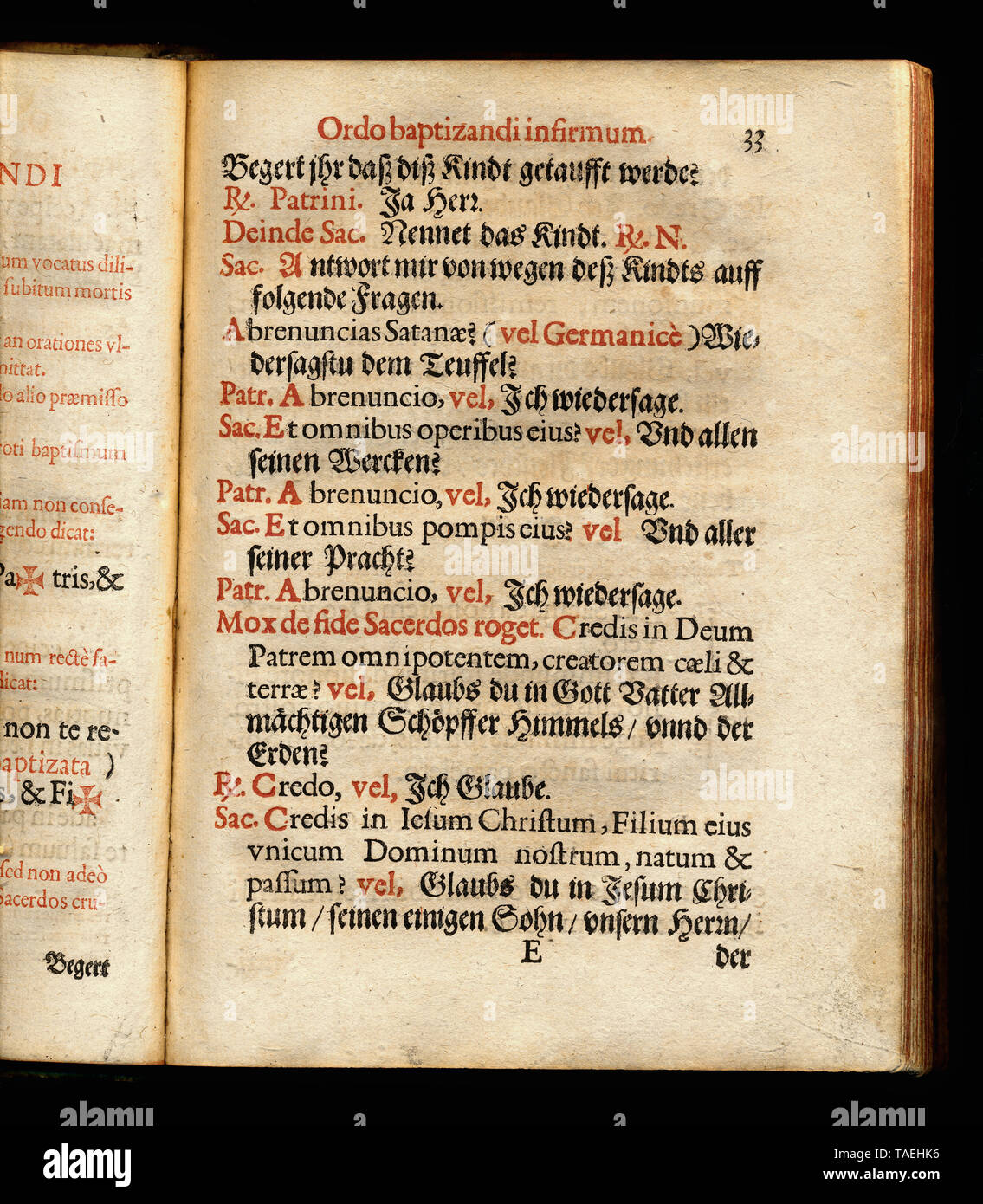 Historisches Kirchenbuch aus Köln, 1637, dialogo auf Deutsch und lateinisch, Taufe eines Kranken Foto Stock