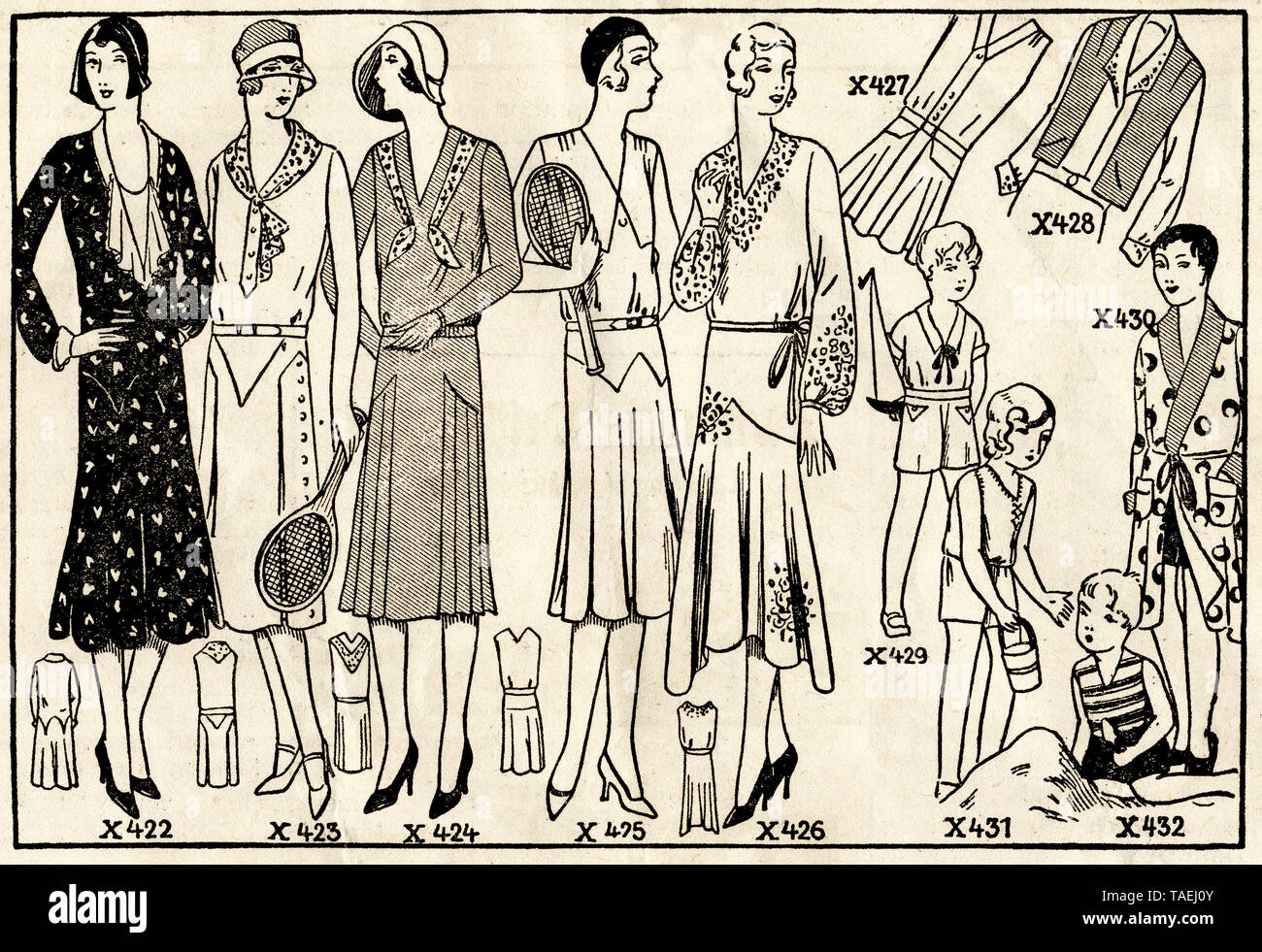 Historische Modezeichnung, Das Magazin der Hausfrau, Deutschland, 1930, Storico casalinga di moda della rivista, Germania Foto Stock
